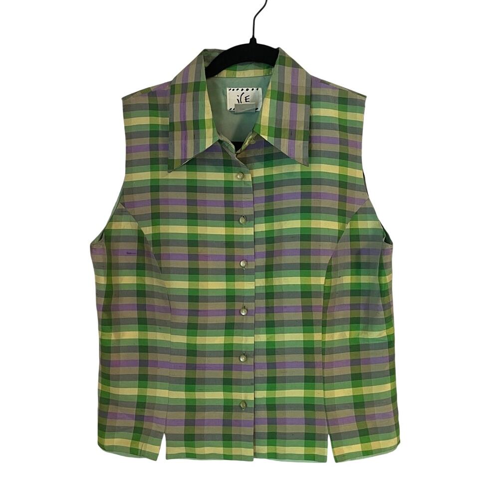 Vintage Y2K 100% Silk Plaid Sleeveless Button-Up Blouse Green Lavender Size M - Picture 2 of 5